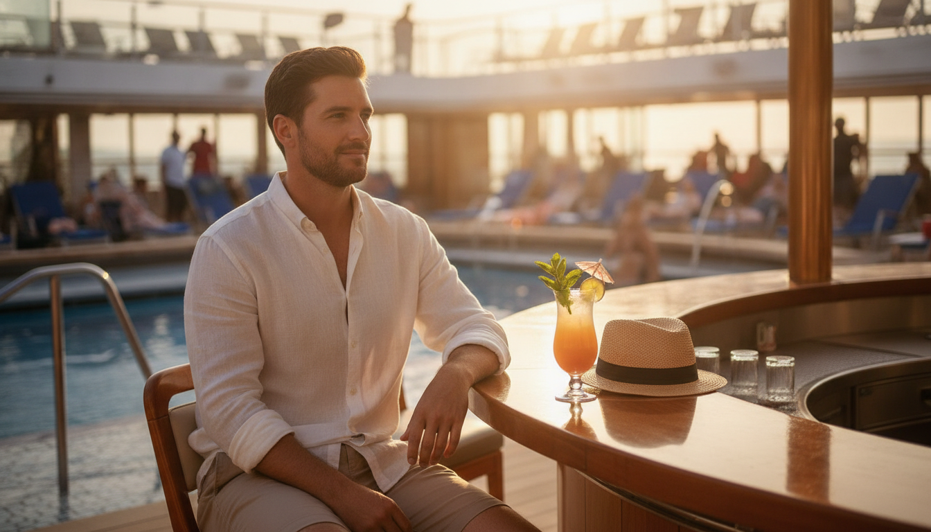 Man relaxing at the pool bar of a cruise ship in warm afternoon light