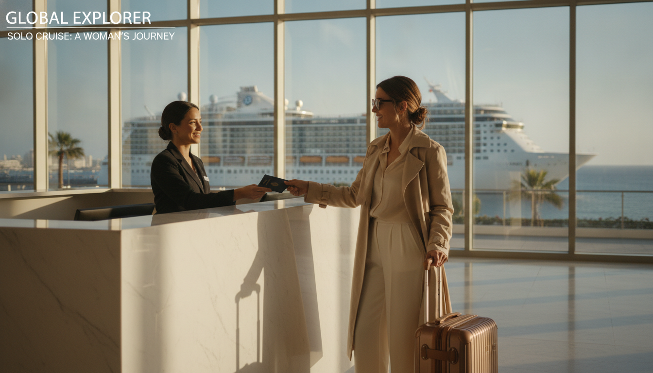 Woman checking in alone at the cruise terminal with the ship visible in the background
