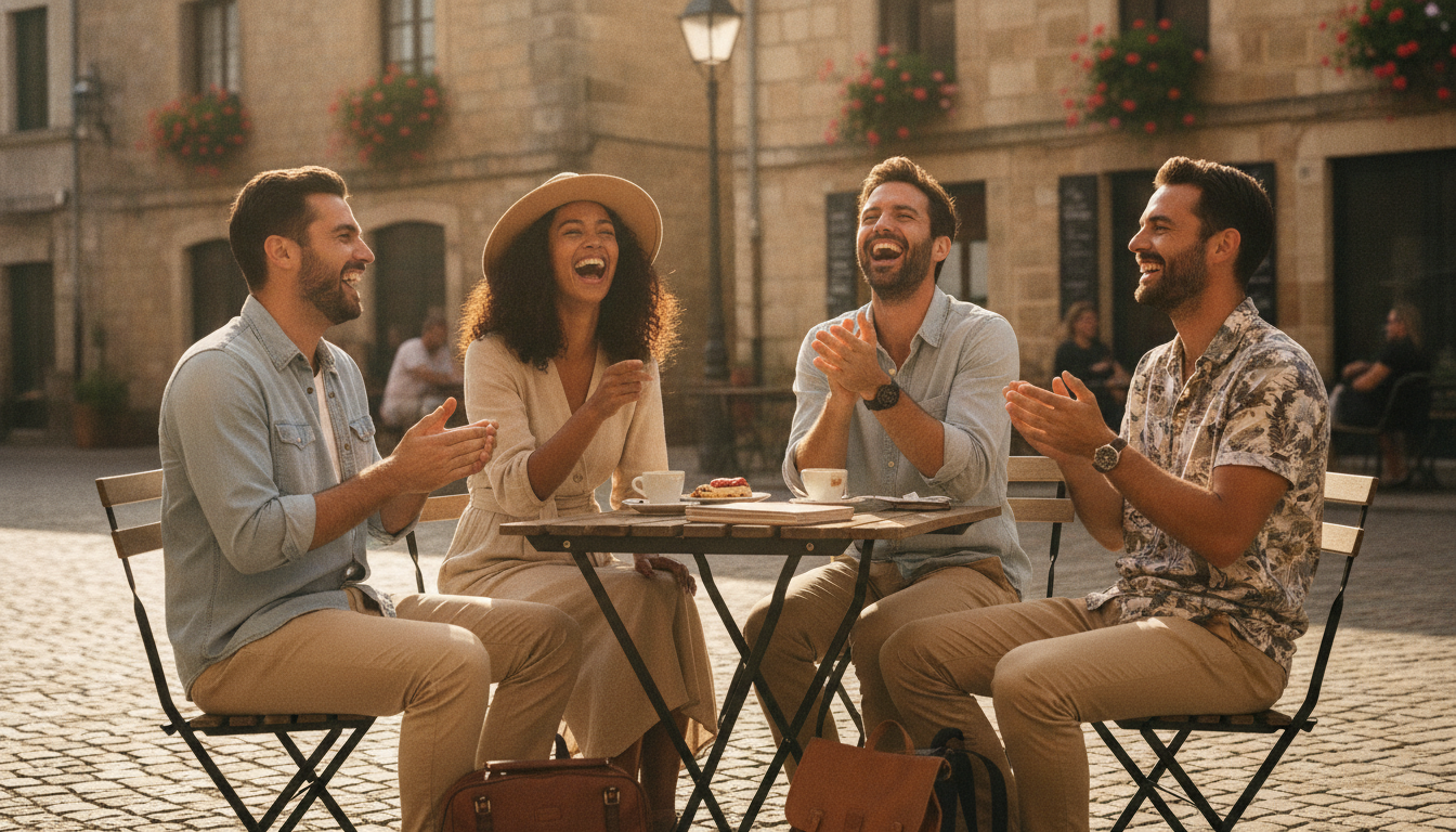 Reisegruppe sitzt lachend an einem Café-Tisch auf historischem Kopfsteinpflasterplatz