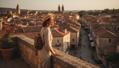 Alleinreisende Person genießt Aussicht auf europäische Altstadt bei Sonnenuntergang